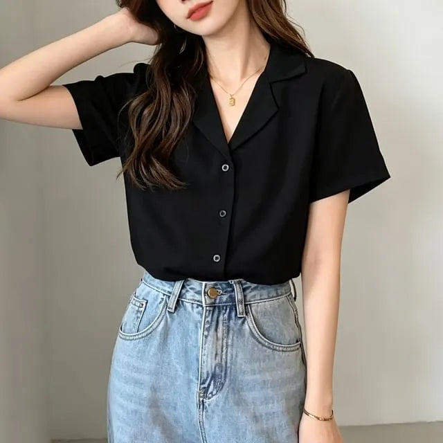 Short-Sleeve Button-Up V-Neck Shirt