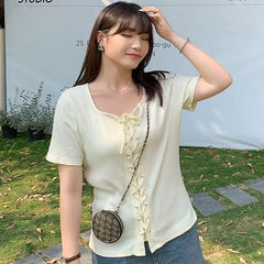 Short-Sleeve U-Neck Tie-Accent
 Knit Top
