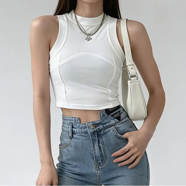 Paneled Mock-Neck Crop Tank Top