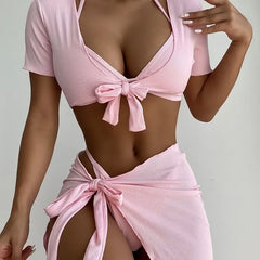 Set: Halter-Neck Bikini + Wrap Swim Skirt + Short-Sleeve Cover Up