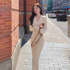 Long-Sleeve Ribbed Knit Midi Sheath Dress