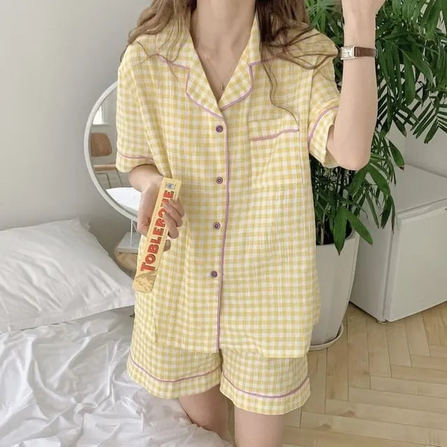 Pajama Set: Short-Sleeve Gingham Shirt + Shorts