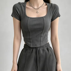 Short-Sleeve Square Neck Slim Fit Cropped T-Shirt