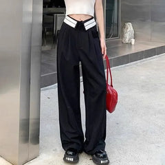 High-Waist Contrast Trim Wide-Leg Dress Pants