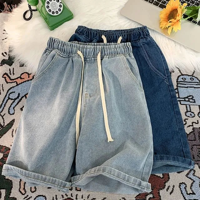 Drawstring Waist Washed Denim Shorts