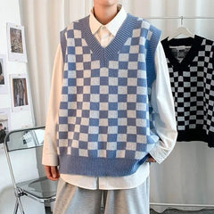 V-Neck Checkerboard Oversized Knit Vest