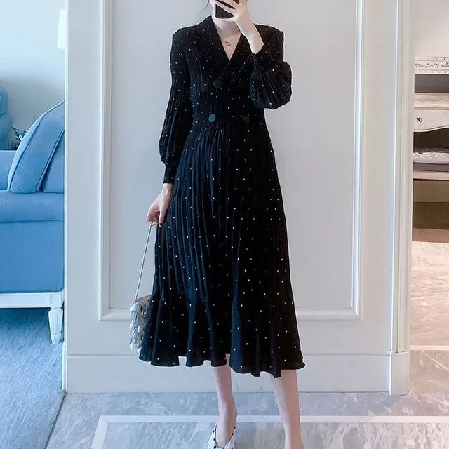 Maternity Puff-Sleeve V-Neck Dotted Midi A-Line Dress