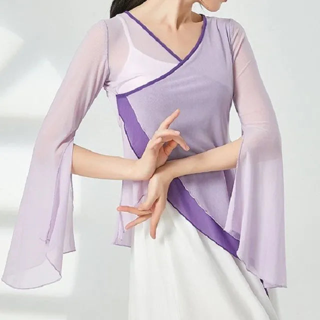 Bell-Sleeve V-Neck Sheer Dance Top