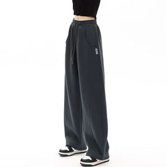 Mid-Waist Drawstring Pocketed Wide-Leg Plain Sweatpants