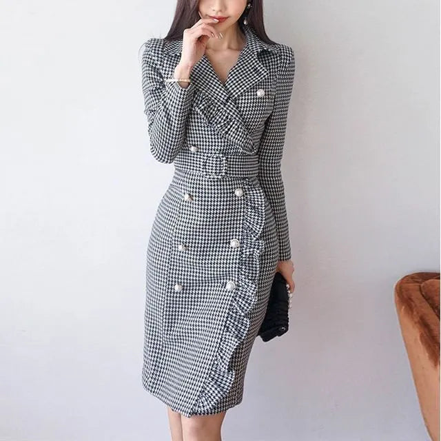 Long-Sleeve Double Breasted Houndstooth Sheath Dress