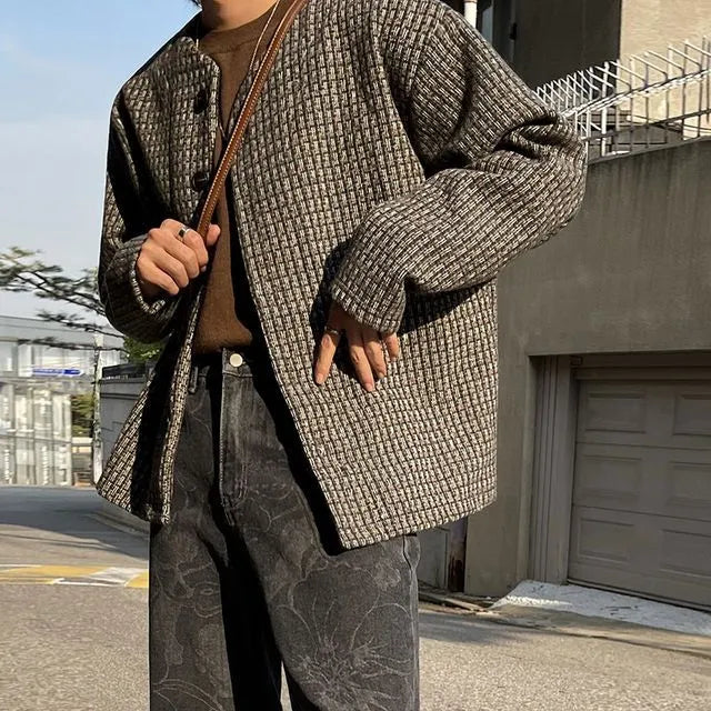 Round Neck Plaid Woven Button-Up Jacket