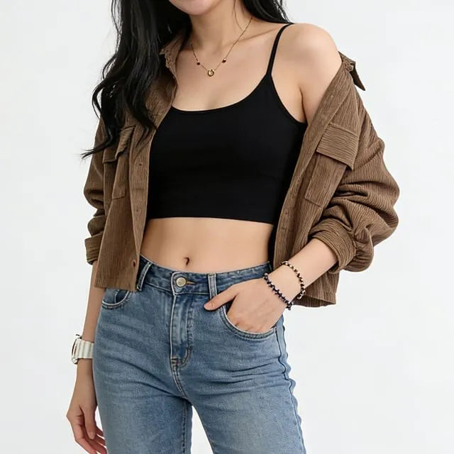 Plain Corduroy Loose-Fit Crop Shirt