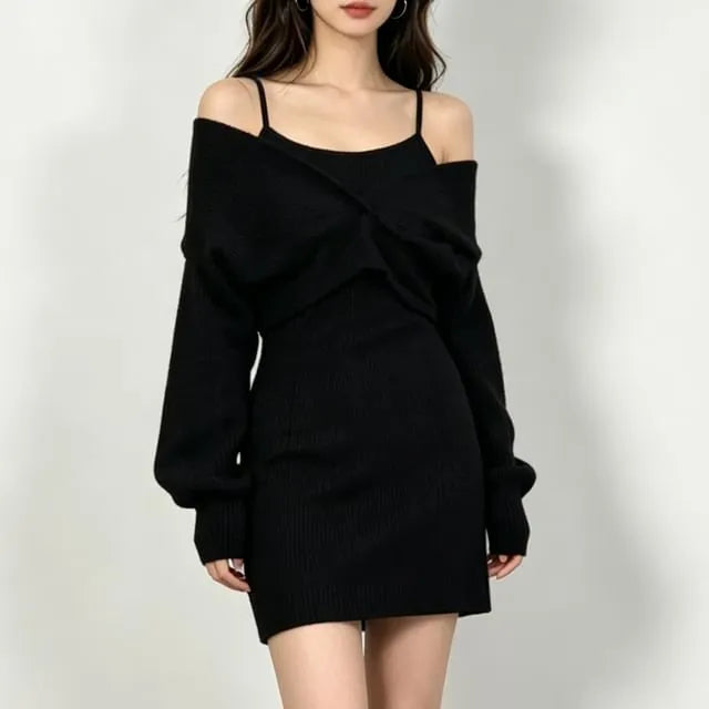 Set: Spaghetti Strap Mini Dress + Long-Sleeve V-Neck Cropped Top