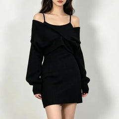 Set: Spaghetti Strap Mini Dress + Long-Sleeve V-Neck Cropped Top