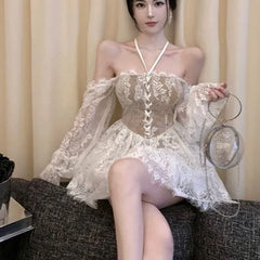 Long-Sleeve Halter Lace Mini A-Line Corset Dress