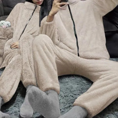 Couple Matching Pajama Set: Plain Fleece Zip Jacket + Pants