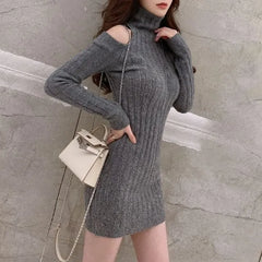 Long-Sleeve Cold Shoulder Turtleneck Plain Ribbed Mini Sheath Sweater Dress