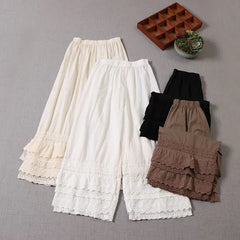 Elastic Waist Lace Panel Cropped Wide Leg Pants