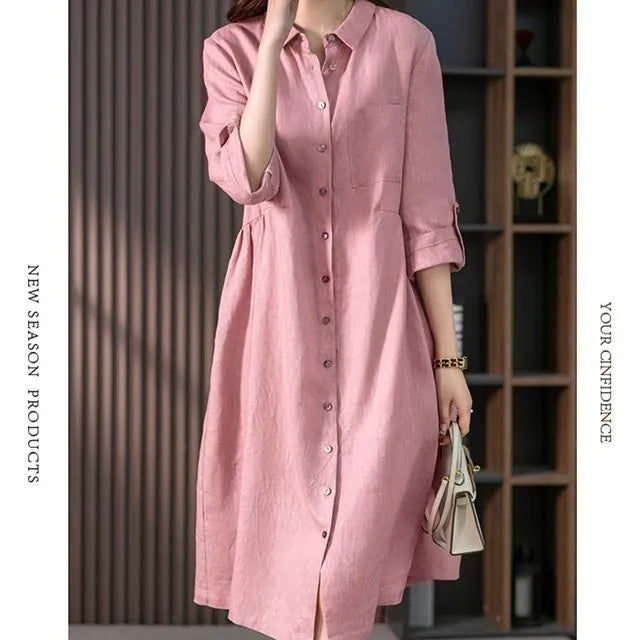 Long-Sleeve Plain Linen Midi A-Line Shirt Dress