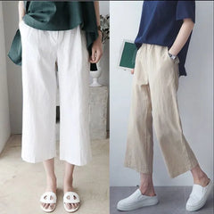 Elastic Waist Plain Linen Crop Wide Leg Pants