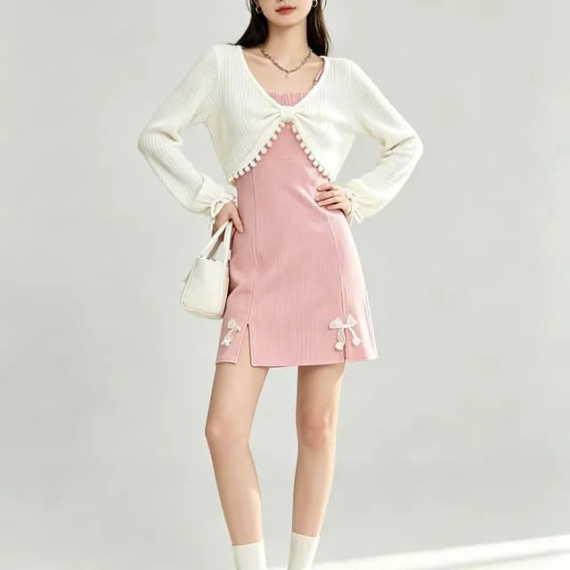 V-Neck Plain Pom Pom Cropped Blouse / Spaghetti Strap Bow Front Slit Mini A-Line Dress
