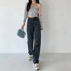 High Waist Washed Straight-Fit Wide-Leg Jeans