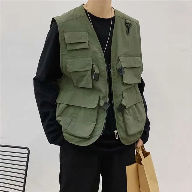 V-Neck Plain Cargo Zip Vest