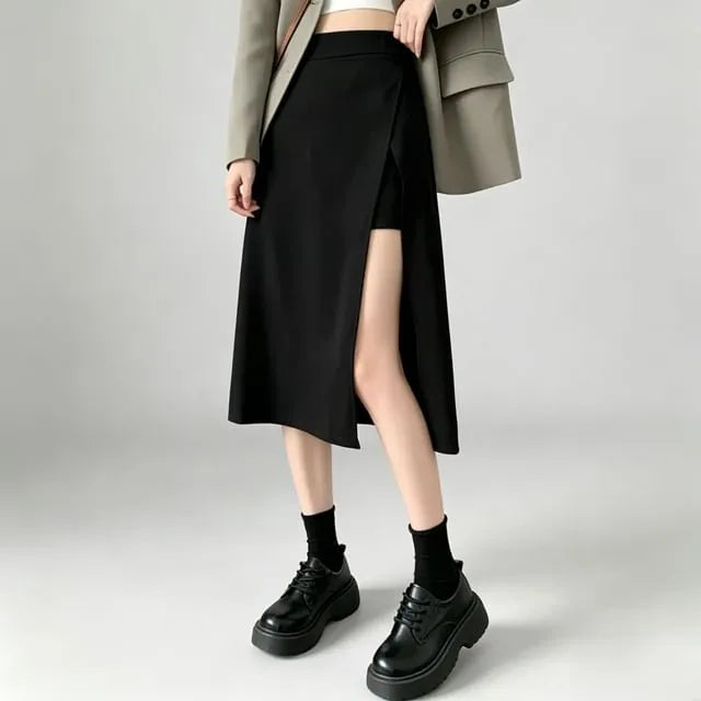 High Waist Plain Slit Midi A-Line Skirt