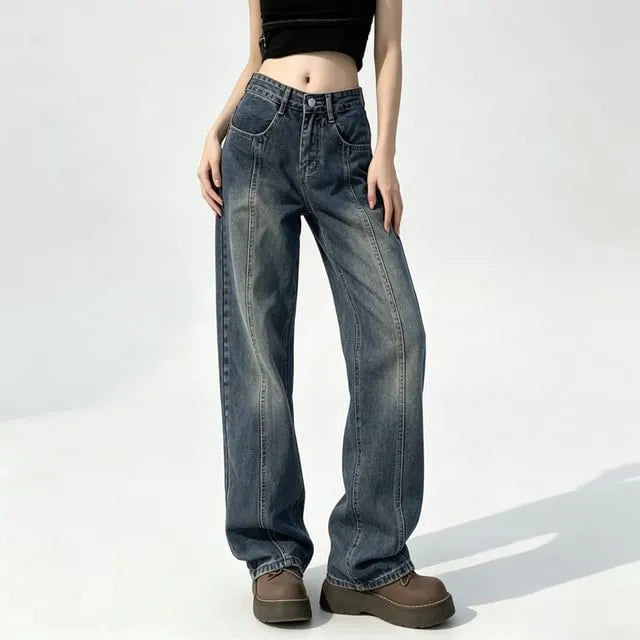 Mid Waist Washed Paneled Wide Leg Jeans