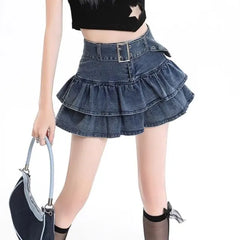 High Waist Layered Denim Mini A-Line Skirt