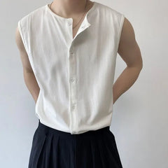 Sleeveless Crew Neck Plain Button Top