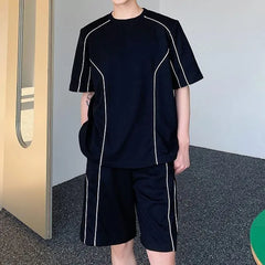 Set: Short-Sleeve Round Neck Two Tone T-Shirt + Drawstring Waist Sweat Shorts