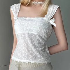 Square-Neck Ribbon Floral Embroidered Crop Tank Top