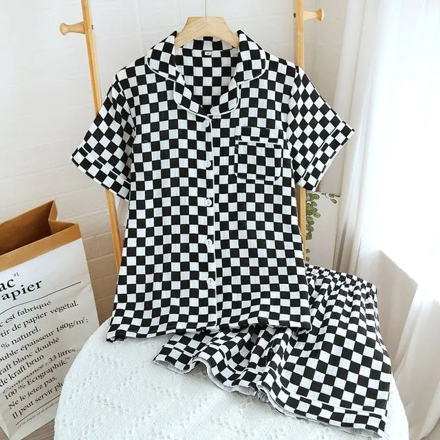 Couple Matching Pajama Set: Short-Sleeve Checkerboard Top + Shorts (Various Designs)