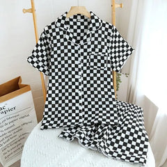 Couple Matching Pajama Set: Short-Sleeve Checkerboard Top + Shorts (Various Designs)