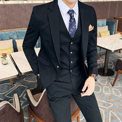 Set: Plain Single-Button Blazer + Vest + Straight Leg Dress Pants