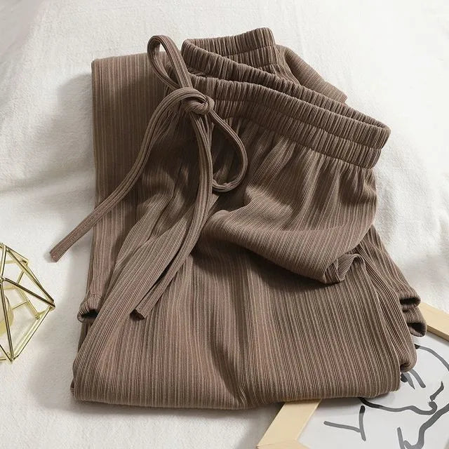 High Waist Plain Drawstring Wide Leg Pants (Various Designs)