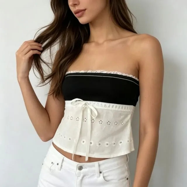 Color-Block Floral Embroidered Lace-Trim Tube Top