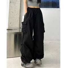 Mid Waist Plain Drawstring Cargo Baggy Pants