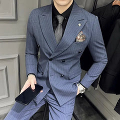 Set: Peak Lapel Striped Double-Breasted Blazer + Mid Rise Cropped Tapered Dress Pants