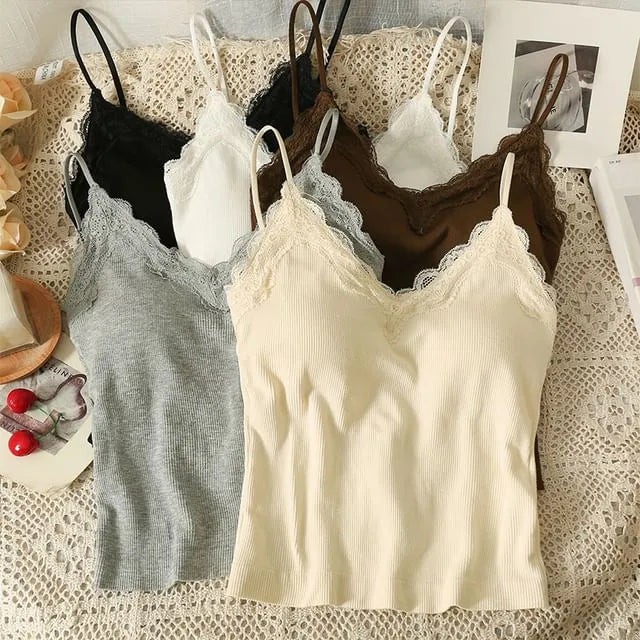 Lace-Trim Camisole Top with Pads in 5 Colors