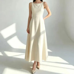 Spaghetti Strap Crew Neck Plain Maxi A-Line Dress
