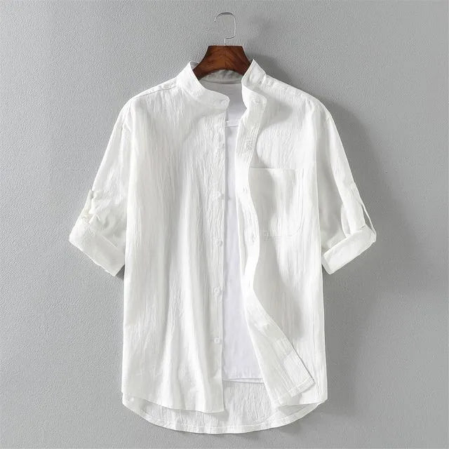 Elbow-Sleeve Stand Collar Linen Plain Shirt