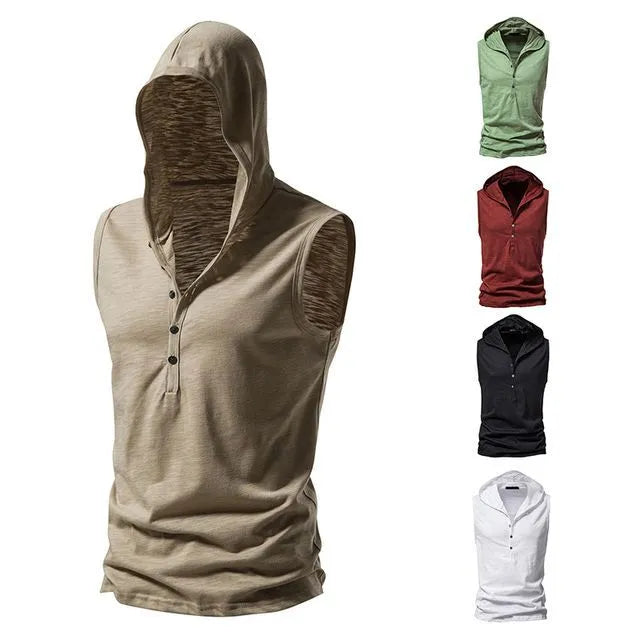 Sleeveless Hooded Henley Plain Top
