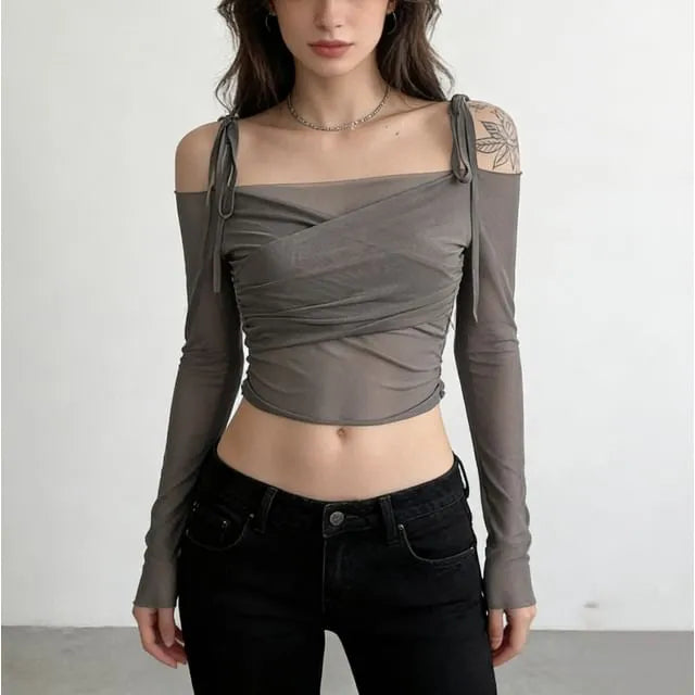 Long Sleeve Tie-Strap Off-Shoulder Plain Mesh  Crop Top