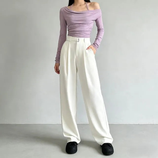 High Rise Plain Wide Leg Suit Pants (Various Designs)