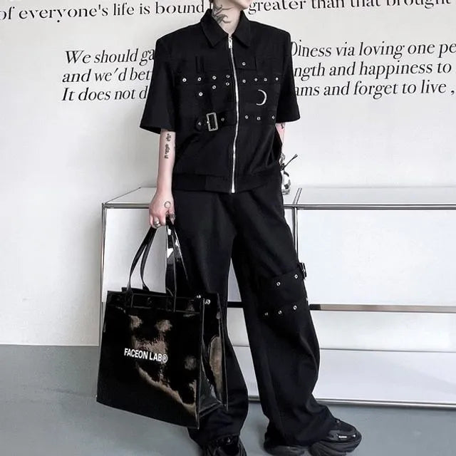 Set: Short-Sleeve Collared Plain Buckled Grommet Zip Jacket + Drawstring Waist Wide Leg Pants