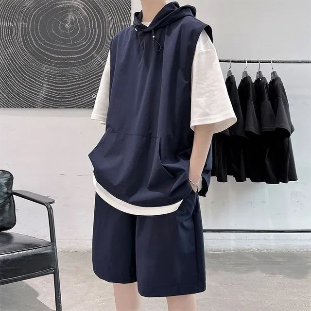 Set: Elbow-Sleeve Two Tone Hoodie + Sweatshorts