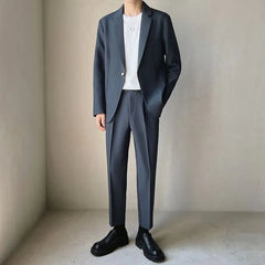 Set: Plain Single-Button Blazer + Tapered Dress Pants
