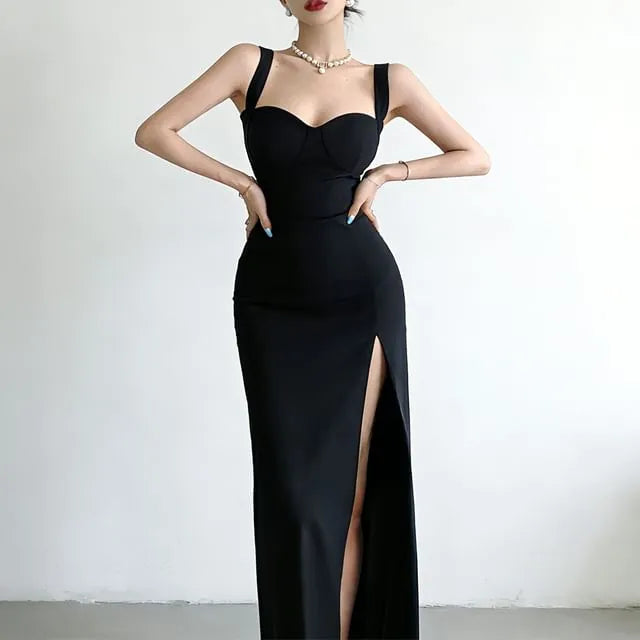 Sleeveless Sweetheart Neck Plain Slit Maxi Sheath Dress